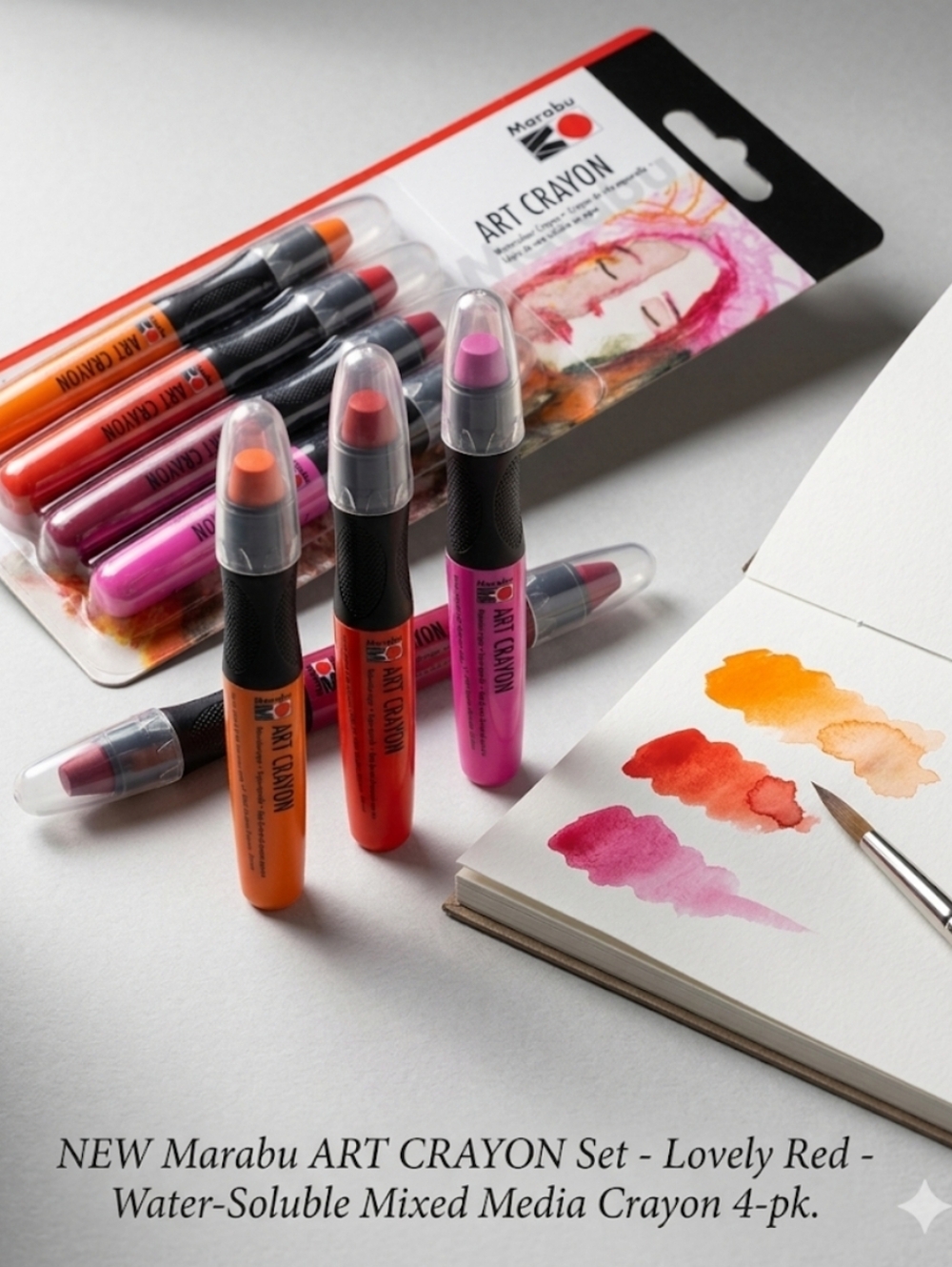 Marabu Art Crayon Set 4pc - Lovely Red - Water-Soluble Mixed Media Wax Crayons